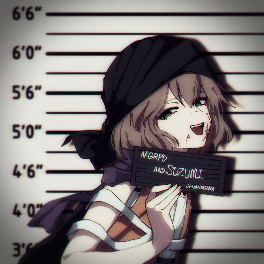 1other barbie_mugshot_(meme) blood blood_on_face brown_hair character_name height_chart height_mark highres holding holding_sign kuzu_suzumi len'en meme mugshot purple_scarf scarf short_hair sign smile turban