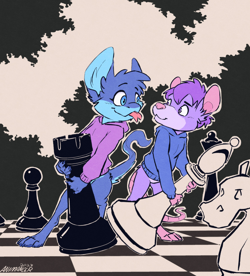 animancer blep blue_body blue_fur bottomless chess clothed clothing fur harzipan harzy hi_res hoodie mammal monster murid murine paws purple_body purple_fur rat rodent snoozel tongue tongue_out topwear