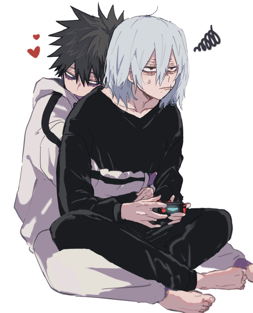 2boys ametaro_(ixxxzu) annoyed barefoot black_hair black_pants black_sweater blue_eyes boku_no_hero_academia burn_scar cheek_piercing controller dabi_(boku_no_hero_academia) game_controller grey_hair heart highres holding holding_controller holding_game_controller hug hug_from_behind jacket male_focus medium_hair multiple_boys multiple_scars pants red_eyes scar scar_on_face shigaraki_tomura short_hair simple_background spiked_hair squiggle staple stapled sweater white_background white_jacket white_pants wrinkled_skin yaoi