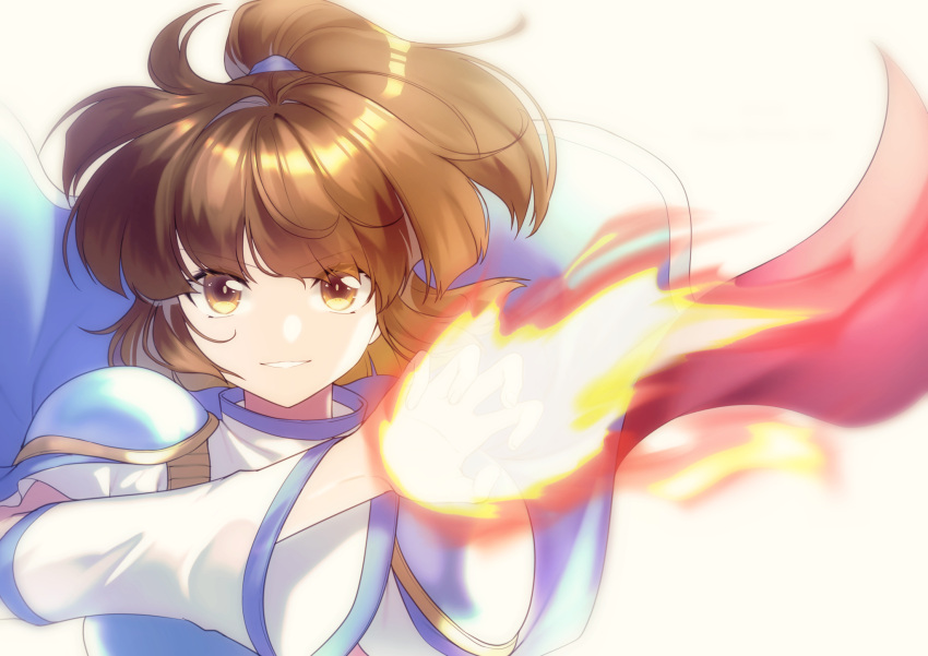 1girl arle_nadja blue_cape brown_hair cape detached_sleeves fire highres looking_at_viewer madou_monogatari murasaki_gin'ya ponytail puyopuyo simple_background smile solo white_background yellow_eyes