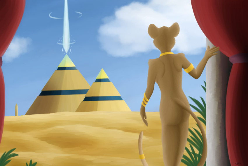 anthro creature71 curtains desert detailed_background egyptian felid feline female gold_(metal) gold_jewelry jewelry lion mammal obelisk pantherine pyramid science_fiction solo