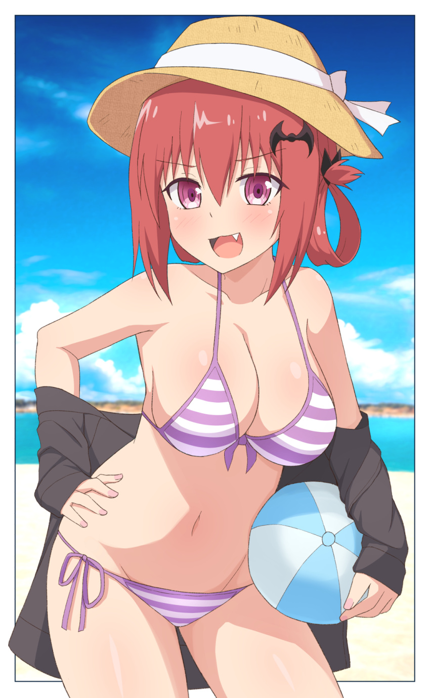 1girl ball bat_hair_ornament beach bikini breasts fang gabriel_dropout hair_ornament hair_rings hat highres large_breasts looking_at_viewer navel nyaroon purple_eyes red_hair satanichia_kurumizawa_mcdowell standing striped striped_bikini swimsuit