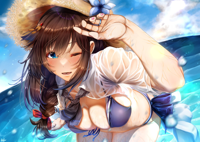 1girl absurdres ahoge beach bikini blue_eyes blush braid breasts brown_hair hair_between_eyes hair_flaps hair_over_shoulder highres jewelry kantai_collection long_hair looking_at_viewer ocean purple_bikini ribbon ribbon-trimmed_bikini ring shigure_(kancolle) shigure_kai_san_(kancolle) side-tie_bikini_bottom single_braid smile solo swimsuit tsui_(kojiya)