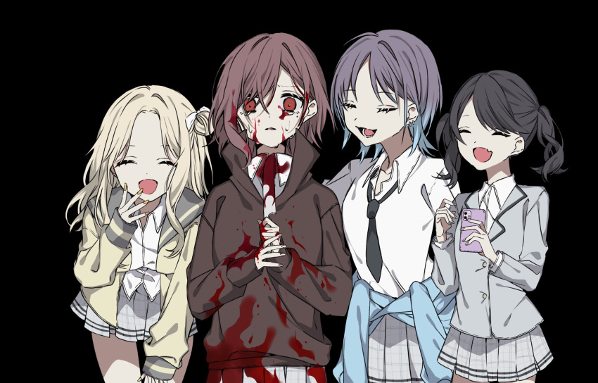 4girls ahoge asakura_toru black_background black_hair blood brown_hair commentary_request earrings fang fukumaru_koito gradient_hair grey_jacket grey_skirt hair_bun highres higuchi_madoka holding holding_phone ichikawa_hinana idolmaster idolmaster_shiny_colors jacket jewelry knife long_hair looking_at_viewer miniskirt mole mole_under_eye multicolored_hair multiple_girls nagao_(wao00oo) noctchill_(idolmaster) open_mouth phone school_uniform shirt short_hair single_hair_bun single_side_bun skin_fang skirt twintails white_shirt