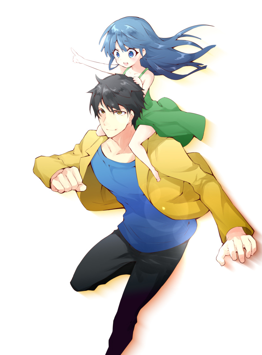 1boy 1girl :d akasaka_mamoru bare_arms barefoot black_hair black_pants blue_eyes blue_hair blue_shirt blush brown_eyes carrying child closed_mouth collarbone commentary_request dress eyelashes floating_clothes floating_hair foot_out_of_frame full_body furude_rika green_dress happy highres higurashi_no_naku_koro_ni index_finger_raised jacket long_hair long_sleeves looking_afar looking_at_another looking_down mature_male nose open_clothes open_jacket open_mouth outstretched_arm pants piggyback pointing pointing_forward running shirt short_hair simple_background sleeveless sleeveless_dress smile spiked_hair suzuragi_karin tareme v-shaped_eyebrows white_background wind wind_lift yellow_jacket