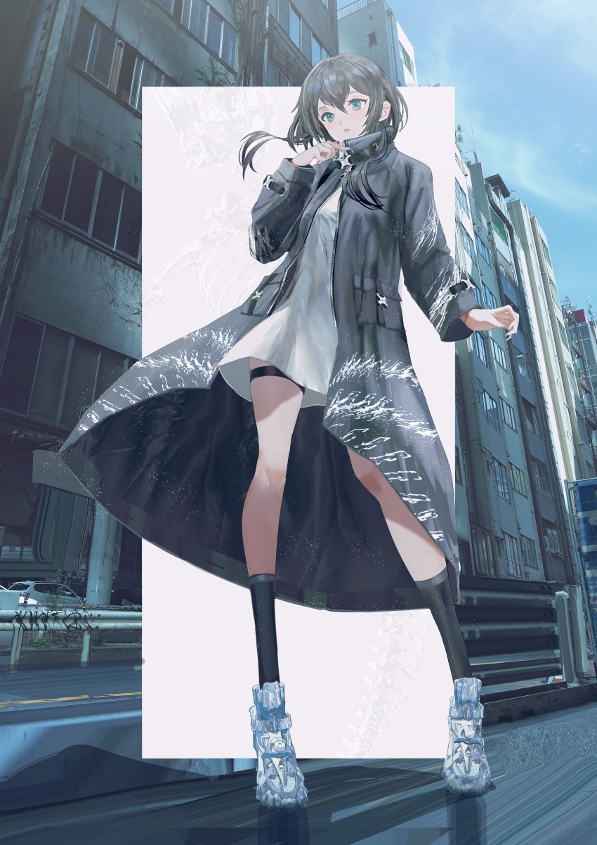 1girl absurdres black_socks blue_eyes building car commentary_request full_body grey_hair highres long_hair motor_vehicle original outdoors shirt socks solo standing swav thigh_strap white_footwear white_shirt wind wind_lift