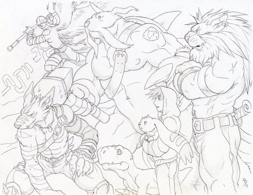 2011 agumon angemon bandai_namco beard digimon digimon_(species) dudebulge ear_piercing facial_hair group human leomon male mammal mane monochrome muscular piercing scar tagme weregarurumon zudomon