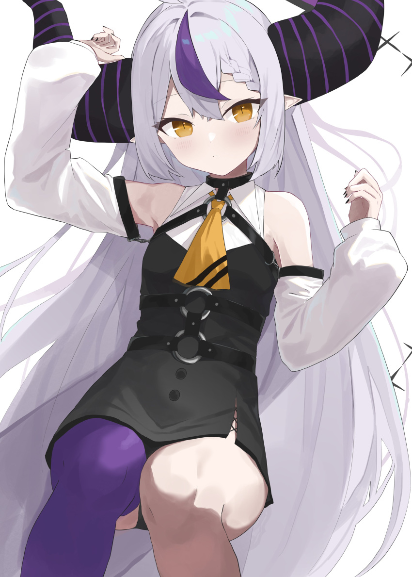 1girl absurdres ascot bare_shoulders black_horns braid braided_bangs breasts detached_sleeves evening_rabbit grey_hair highres hololive horns la+_darknesss la+_darknesss_(1st_costume) long_hair looking_at_viewer multicolored_hair o-ring pointy_ears purple_hair purple_thighhighs single_thighhigh small_breasts solo streaked_hair striped_horns thighhighs virtual_youtuber yellow_ascot yellow_eyes