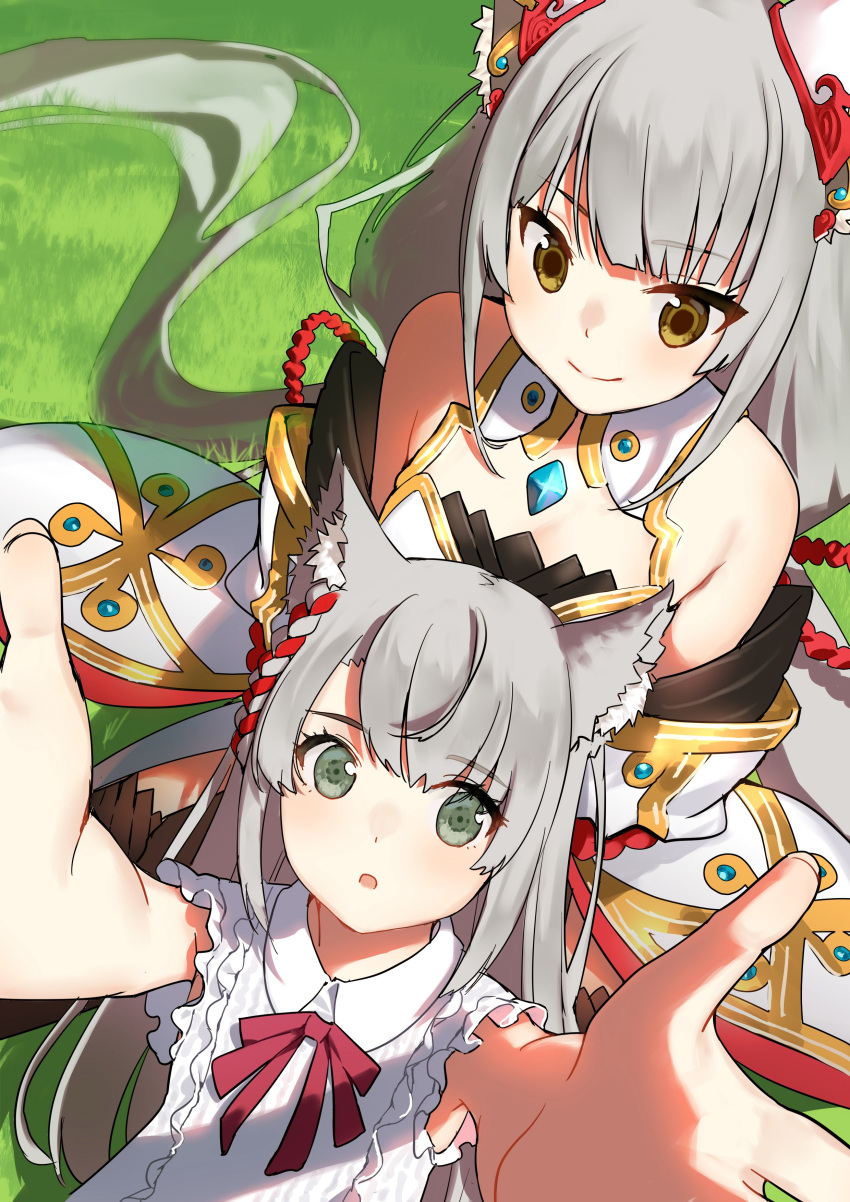 2girls absurdres aged_down animal_ears braid cat_ears chest_jewel circle3070 core_crystal_(xenoblade) ear_covers facial_mark grass grey_hair highres lap_pillow leotard long_hair looking_at_viewer low_twintails mio_(xenoblade) mother_and_daughter multiple_girls nia_(blade)_(xenoblade) nia_(xenoblade) outstretched_arms single_braid smile twintails very_long_hair xenoblade_chronicles_(series) xenoblade_chronicles_2 xenoblade_chronicles_3 yellow_eyes