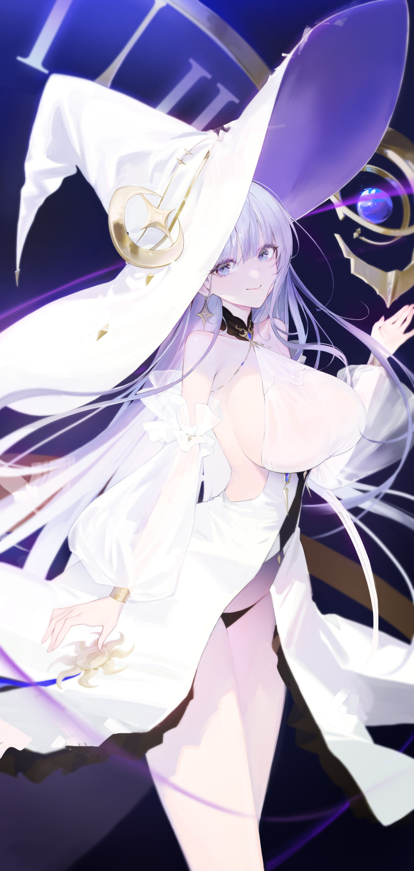 1girl absurdres azur_lane bare_shoulders black_panties blue_eyes breasts center_opening closed_mouth detached_sleeves dress earrings guichen_(azur_lane) hat highres jewelry large_breasts large_hat long_hair long_sleeves looking_at_viewer oyabuli panties puffy_long_sleeves puffy_sleeves revealing_clothes see-through see-through_sleeves sideboob sleeveless sleeveless_dress smile solo standing string_panties thighs underwear very_long_hair white_dress white_hair white_headwear witch_hat