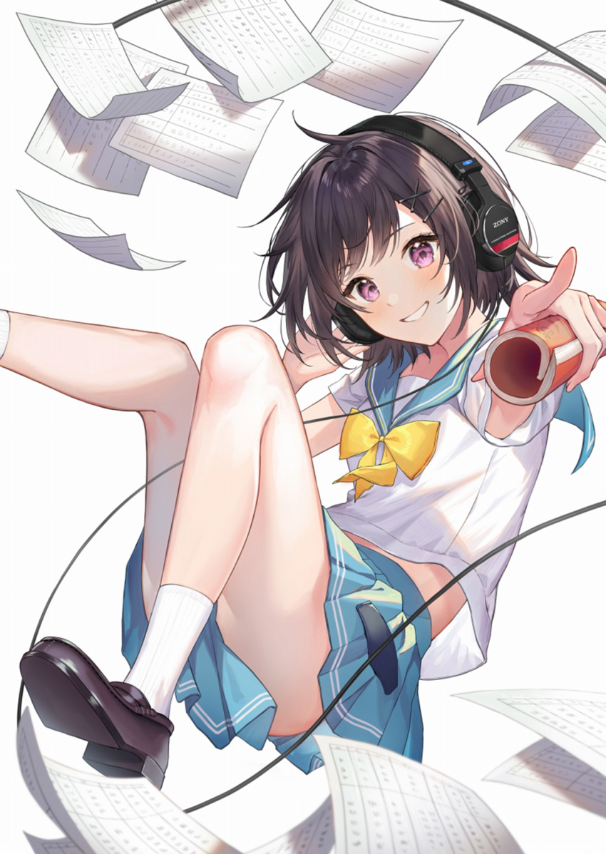 1girl :d armpit_peek black_footwear black_hair blue_sailor_collar blue_skirt blush cable cover_image foot_out_of_frame gogo_4-ji_toumei_tokidoki_seiyuu haru_(hiyori-kohal) headphones highres holding loafers looking_at_viewer miniskirt novel_illustration official_art outstretched_arm paper pointing pointing_at_viewer purple_eyes sailor_collar school_uniform serafuku shoe_soles shoes short_hair short_sleeves skirt smile socks solo teeth textless_version thighs upskirt white_socks