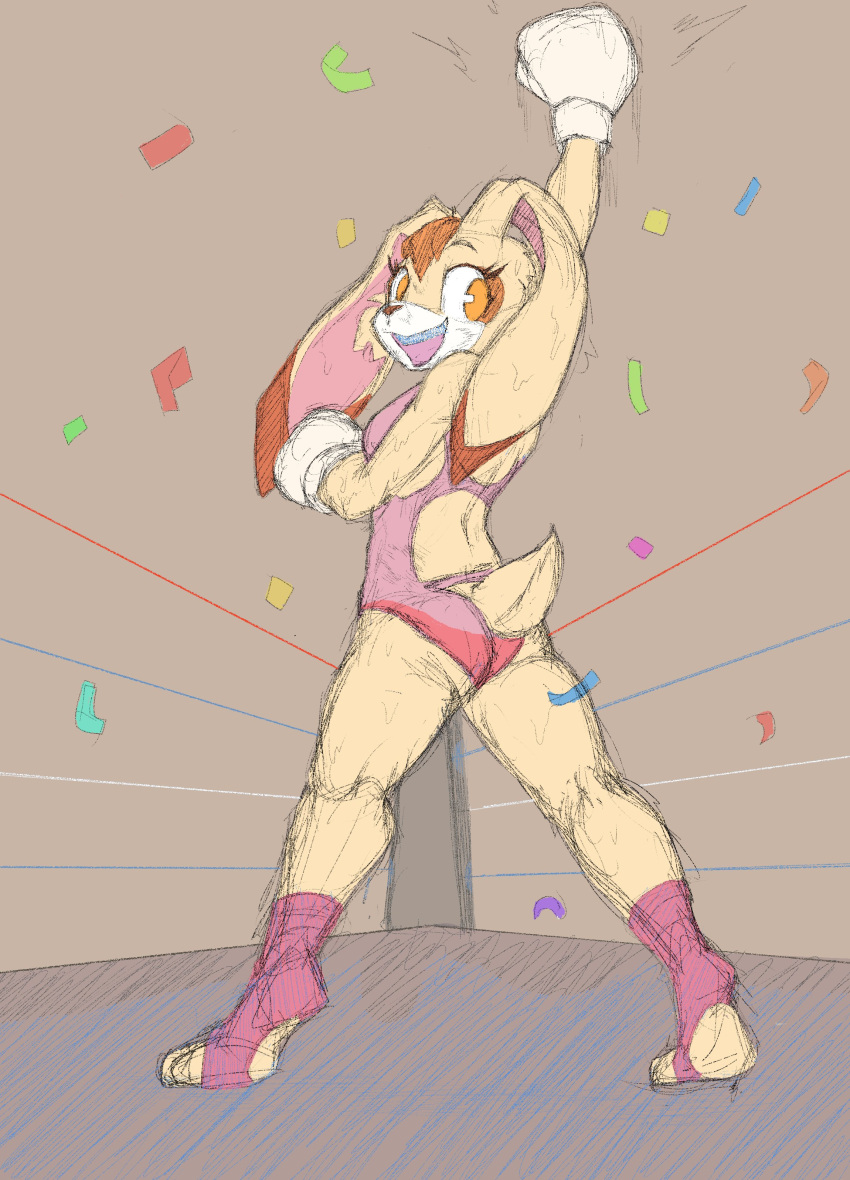 absurd_res animal_humanoid anthro boxing boxing_attire boxing_gloves breasts butt chamma_retsuden clothing female fighting_ring from_front_position handwear happy hi_res humanoid lagomorph lagomorph_humanoid leporid leporid_humanoid mammal mammal_humanoid rabbit rabbit_humanoid sega solo sonic_the_hedgehog_(series) sport vanilla_the_rabbit victory_position