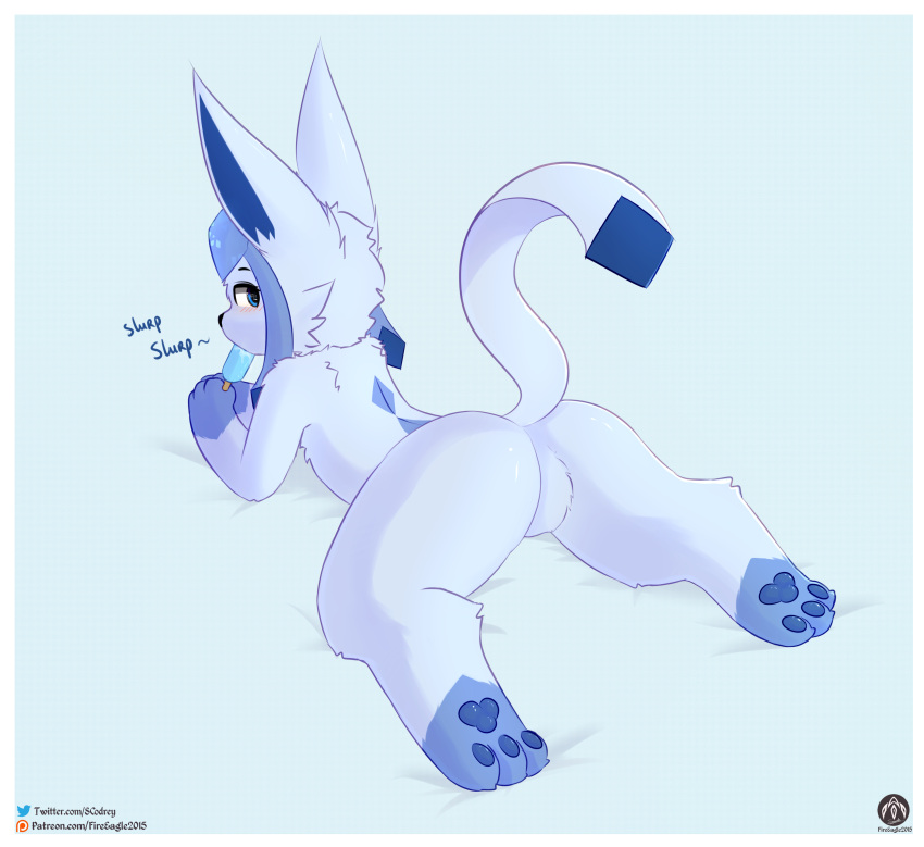 absurd_res ambiguous_gender anthro eeveelution feral food generation_4_pokemon glaceon hi_res looking_back lying nintendo on_front pawpads pokemon pokemon_(species) popsicle senz solo sploot tail text url