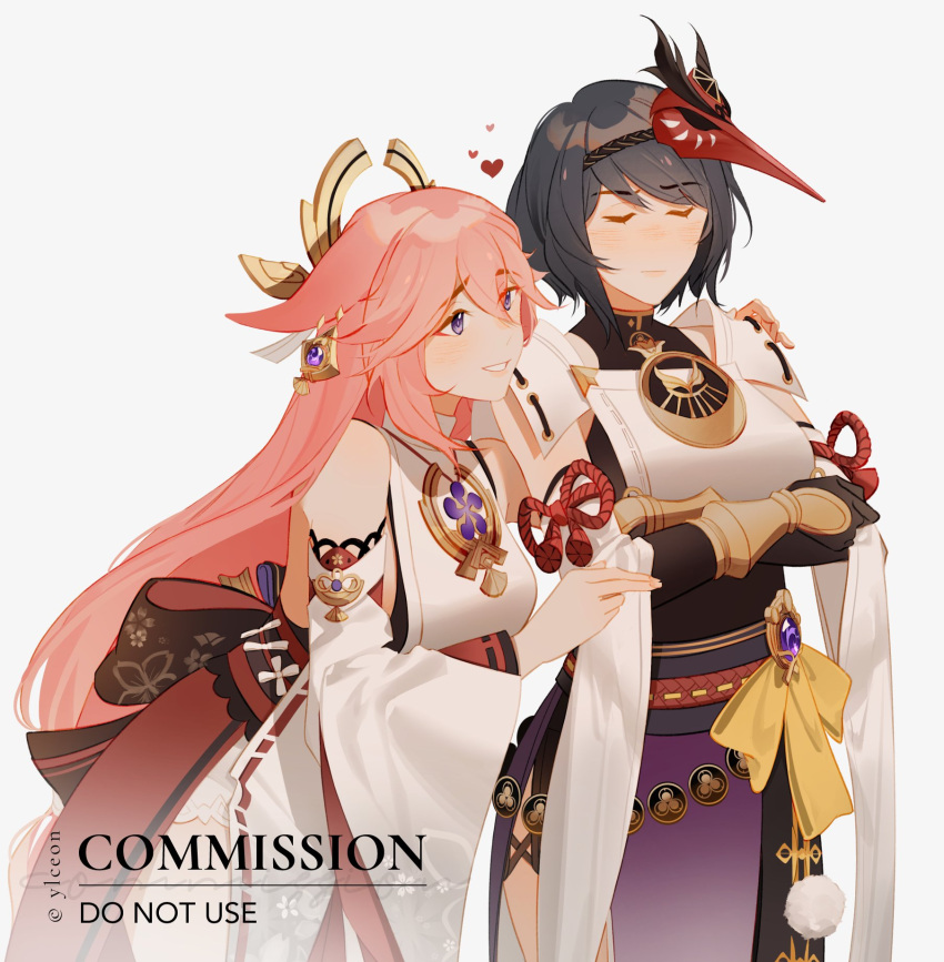 2girls animal_ears bare_shoulders bird_mask black_gloves black_hair breasts closed_eyes closed_mouth commission crossed_arms detached_sleeves earrings english_commentary english_text fox_ears genshin_impact gloves hair_between_eyes hair_ornament heart highres japanese_clothes jewelry kujou_sara large_breasts light_blush long_hair long_sleeves looking_at_another mask mask_on_head multiple_girls pink_hair purple_eyes red_eyeliner short_hair simple_background smile upper_body vision_(genshin_impact) white_background wide_sleeves yae_miko ylceon yuri