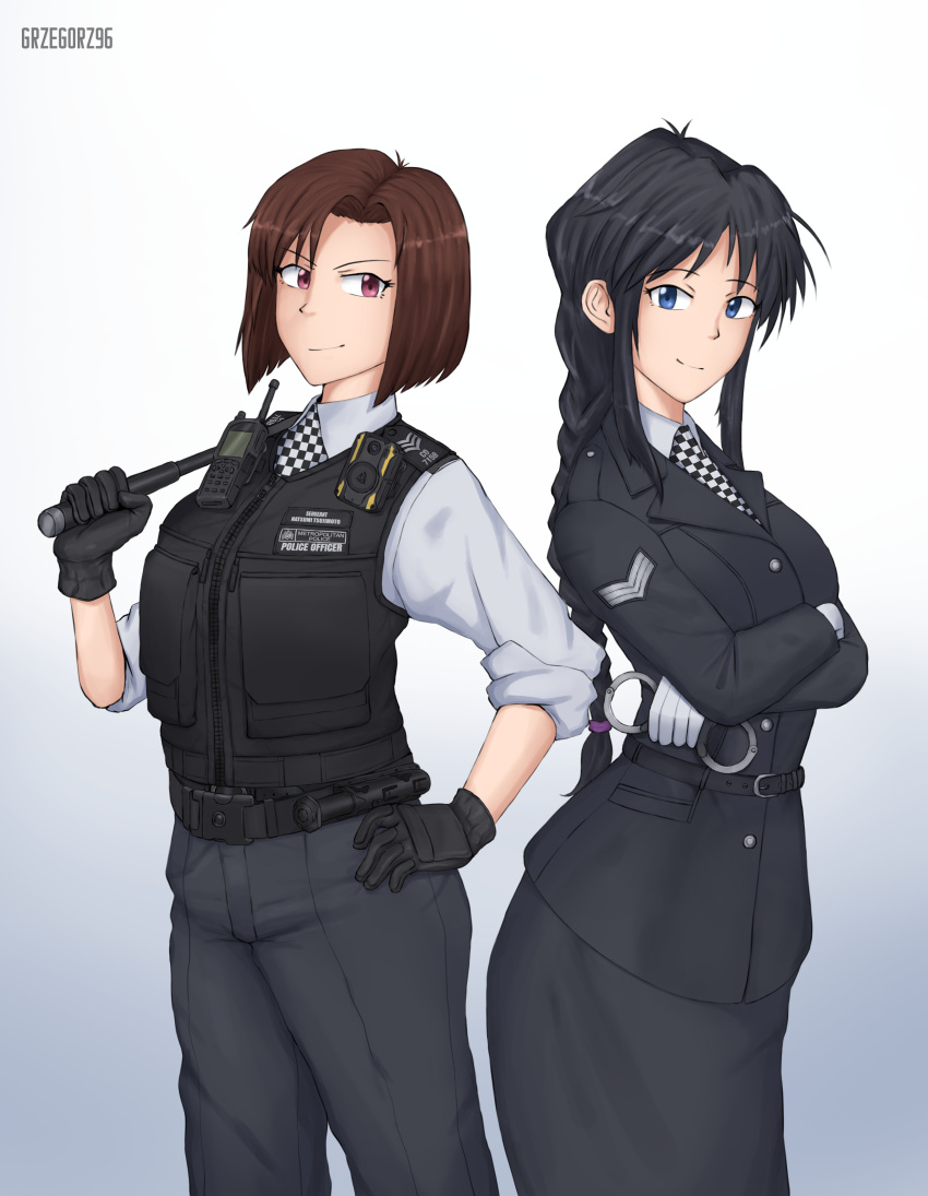 2girls absurdres baton_(weapon) belt black_belt black_gloves black_hair black_pants black_skirt black_tunic black_vest blue_eyes body_cam bow braid brown_eyes brown_hair checkered_necktie chevron_(symbol) commission commissioner_upload crossed_arms cuffs epaulettes facing_viewer from_side gloves grzegorz1996 hair_bow hand_on_own_hip handcuffs highres holding holding_weapon kobayakawa_miyuki long_hair multiple_girls necktie pants police police_uniform policewoman ponytail pouch shirt short_hair simple_background skirt sleeves_rolled_up smile taiho_shichauzo tsujimoto_natsumi tunic uniform united_kingdom vest walkie-talkie watermark weapon white_gloves white_shirt