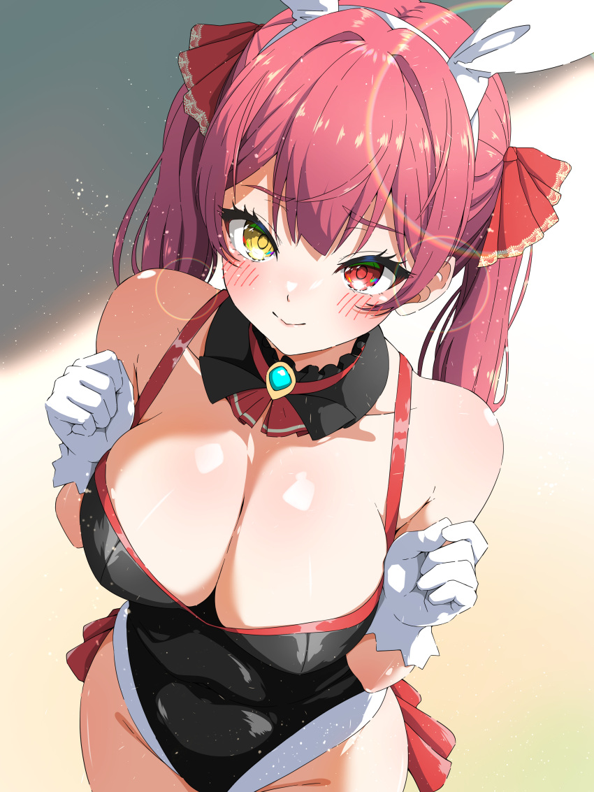 1girl absurdres alternate_costume animal_ears ascot blush breasts cleavage closed_mouth covered_navel detached_collar fake_animal_ears from_above gloves hairband heterochromia highres hololive houshou_marine isakoro_(hx9cj) large_breasts lens_flare leotard long_hair playboy_bunny rabbit_ears red_ascot red_eyes red_hair solo twintails virtual_youtuber white_gloves white_hairband yellow_eyes