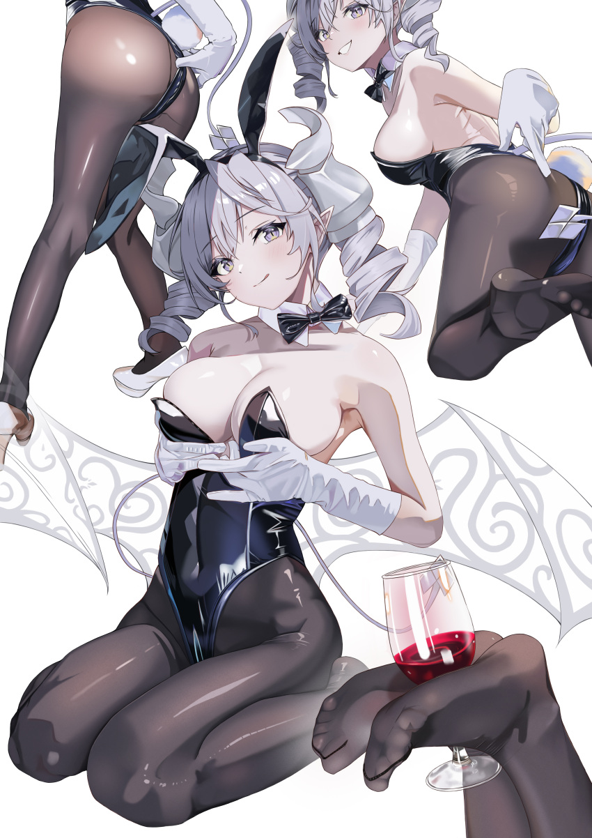 1girl absurdres alternate_costume animal_ears ass auguste bare_shoulders black_leotard bow bowtie breasts cleavage cup detached_collar drill_hair drinking_glass duel_monster fake_animal_ears fake_tail feet gloves grey_eyes grey_hair highres large_breasts leotard lovely_labrynth_of_the_silver_castle low_wings multiple_views pantyhose playboy_bunny rabbit_ears rabbit_tail strapless strapless_leotard tail white_gloves wine_glass wings wrist_cuffs yu-gi-oh!