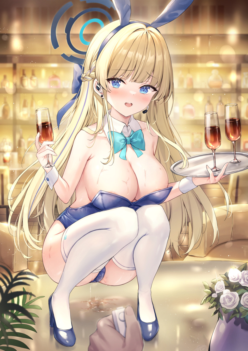 1girl alcohol animal_ears areola_slip bare_shoulders blonde_hair blue_archive blue_eyes blue_hairband blue_leotard blush bow bowtie braid breasts controller cup detached_collar drinking_glass earpiece egg_vibrator fake_animal_ears flower gemini_(feng) hairband halo high_heels highres holding holding_cup holding_tray large_breasts leotard long_hair looking_at_viewer multicolored_hair official_alternate_costume open_mouth playboy_bunny pov pov_hands pussy_juice pussy_juice_trail rabbit_ears remote_control remote_control_vibrator sex_toy squatting strapless strapless_leotard streaked_hair sweat thighhighs toki_(blue_archive) toki_(bunny)_(blue_archive) tray very_long_hair vibrator white_thighhighs white_wrist_cuffs wine wine_glass wrist_cuffs