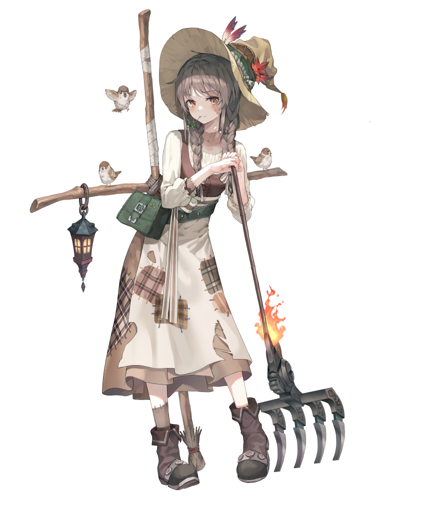 1girl absurdres bag bird braid brown_eyes brown_hair dress full_body grimlight hat hat_feather highres holding_rake huwari_(dnwls3010) lantern leaning_forward long_sleeves mouth_hold official_art patchwork_clothes patchwork_skin rake scarecrow_(grimlight) shoes solo twin_braids