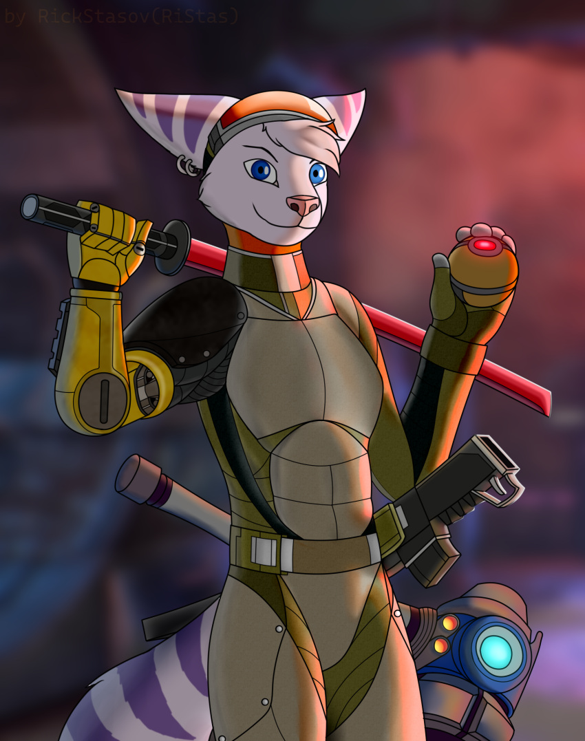 anthro blue_eyes clothed clothing cybernetic_arm cybernetic_limb cybernetics explosives female fur grenade hammer hi_res holding_katana holding_object holding_sword holding_weapon humanoid katana konami machine melee_weapon metal_gear metal_gear_rising:_revengeance military ratchet_and_clank rickstasovmegraton rivet_(ratchet_and_clank) solo sony_corporation sony_interactive_entertainment sword tail tools weapon white_body white_fur