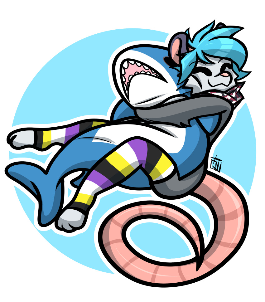 absurd_res ambiguous_gender anthro blahaj blue_hair clothed clothing cuddling didelphid digital_media_(artwork) eyes_closed feet fur grey_body grey_fur hair happy hi_res ikea legwear lgbt_pride mammal marsupial nonbinary_(lore) nonbinary_pride_colors partially_clothed paws plushie pride_colors quiflex rodent_tail round_ears shemagh simple_background smile solo tail tek_(tekthescot) tekthescot thigh_highs virginia_opossum white_body white_fur