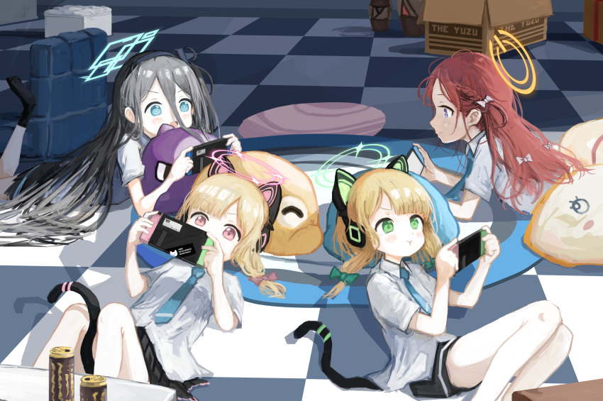 4girls absurdly_long_hair absurdres animal_ear_headphones animal_ears aris_(blue_archive) black_hair black_skirt black_socks blonde_hair blue_archive blue_eyes blue_halo blue_necktie blush bow can checkered_floor collared_shirt fake_animal_ears game_development_department_(blue_archive) green_bow green_eyes green_halo hair_bow halo handheld_game_console headphones highres holding holding_handheld_game_console k6tetsu long_hair lying midori_(blue_archive) momoi_(blue_archive) multiple_girls necktie nintendo_switch on_stomach pink_halo pleated_skirt purple_eyes red_bow red_eyes red_hair shirt short_hair short_sleeves siblings sisters skirt socks the_pose twins very_long_hair white_bow white_shirt yellow_halo yuzu_(blue_archive)