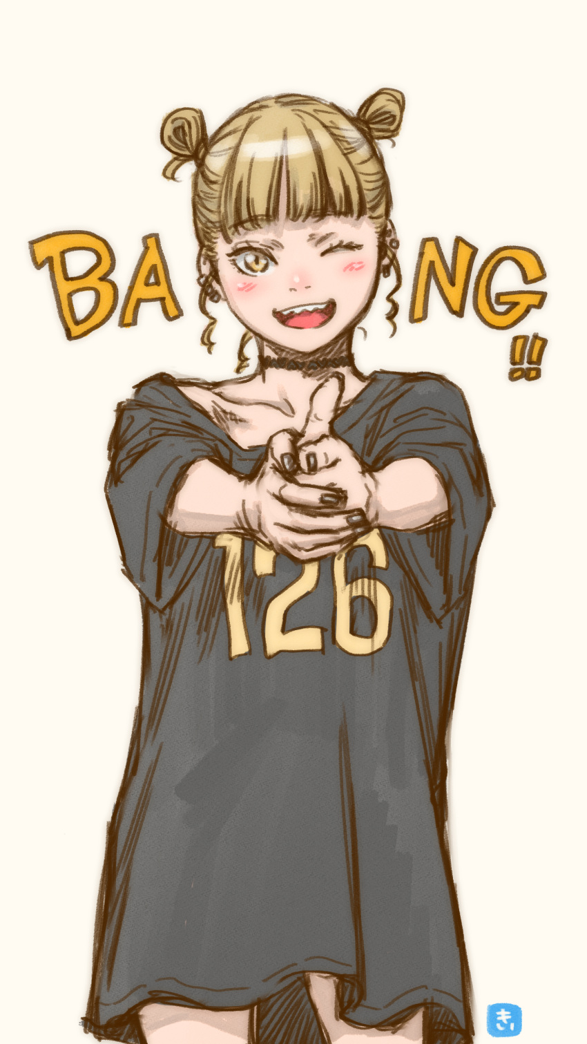 1girl absurdres aiming_at_viewer black_nails blonde_hair blush choker cowboy_shot ear_piercing finger_gun highres key_(kagibangou) long_shirt looking_at_viewer one_eye_closed open_mouth original piercing sharp_teeth shirt short_hair simple_background sketch smile solo teeth two_side_up white_background yellow_eyes