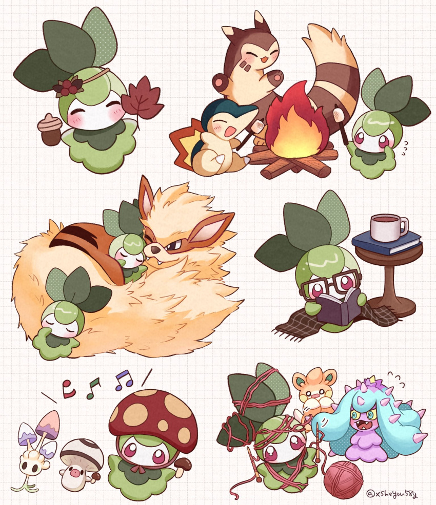 ^_^ acorn animal_focus arcanine blue_eyes blush book brown_fur brown_scarf campfire closed_eyes coffee colored_sclera colored_skin commentary_request cyndaquil fangs food foongus furret glasses green_skin highres leaf maple_leaf mareanie marshmallow mochopaccho morelull multiple_views mushroom musical_note no_humans o_o one_eye_closed open_mouth pawmi petilil pokemon pokemon_(creature) reading scarf sitting sleeping spikes tail two-tone_fur white_fur yarn yellow_sclera