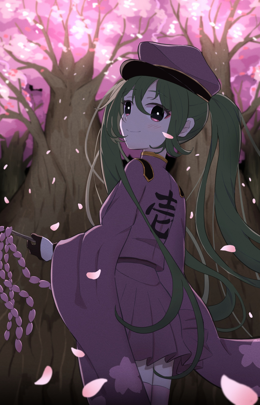 1girl absurdres alternate_hair_color blush cherry_blossoms closed_mouth commentary eyeshadow falling_petals from_behind gloves gohei green_hair half_gloves hat hatsune_miku highres holding holding_gohei japanese_clothes long_hair looking_at_viewer makeup military military_uniform nemo_81612100 oonusa peaked_cap petals pleated_skirt purple_eyes purple_eyeshadow senbon-zakura_(vocaloid) skirt smile solo thighhighs twintails uniform very_long_hair vocaloid wide_sleeves zettai_ryouiki