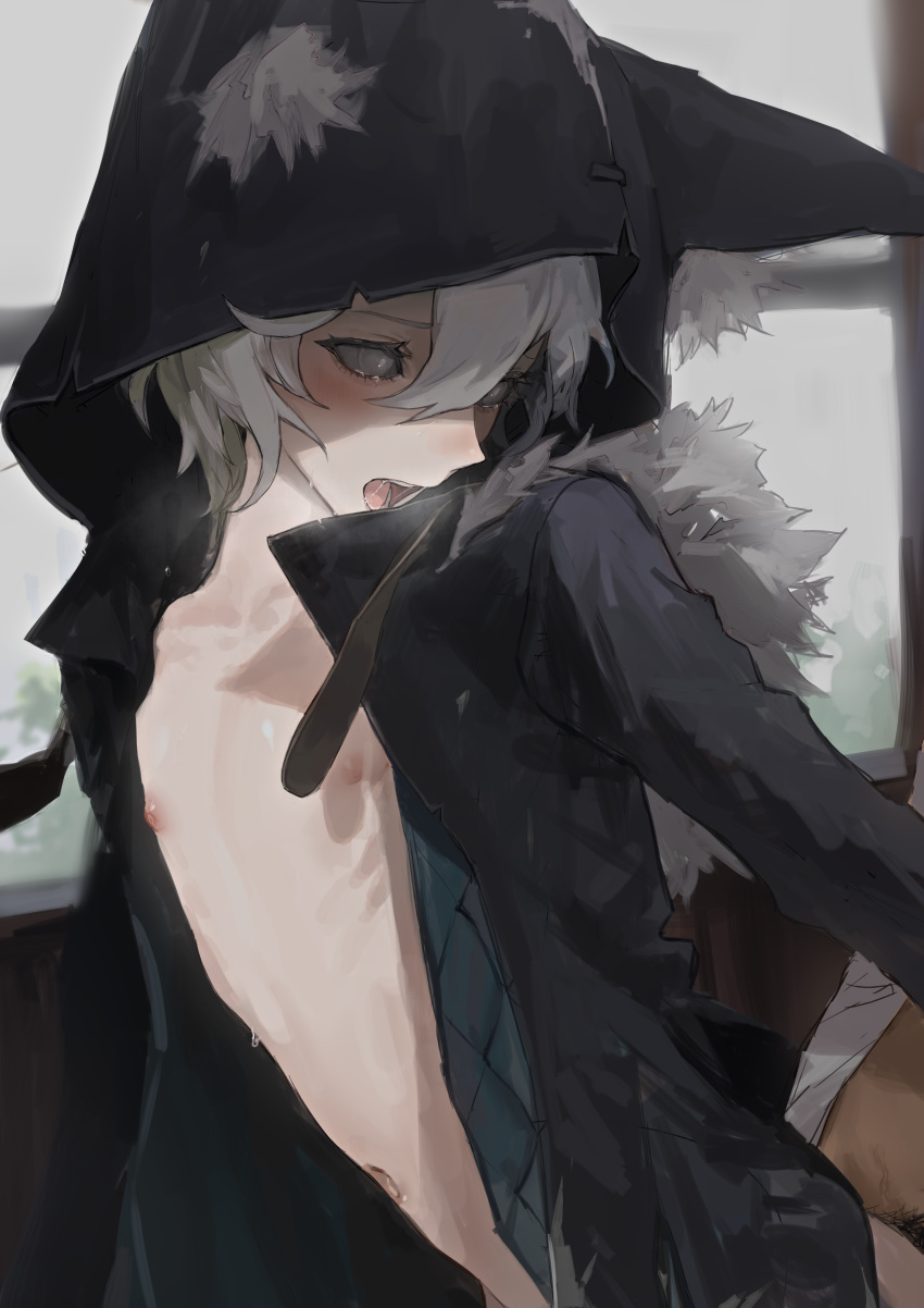 2boys absurdres animal_ear_fluff animal_ear_hood black_jacket black_sclera bottomless colored_sclera hair_between_eyes highres hood hood_up hooded_jacket identity_v ithaqua_(identity_v) jacket jiz_(pffbq) looking_back male_focus male_pubic_hair multiple_boys nipples open_clothes open_jacket open_mouth otoko_no_ko pubic_hair short_hair sweat tearing_up upper_body window yaoi