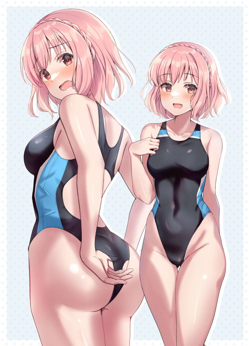 1girl adjusting_clothes adjusting_swimsuit ass black_one-piece_swimsuit braid breasts commission competition_swimsuit covered_navel date_a_live from_behind grey_background highleg highleg_swimsuit highres looking_at_viewer looking_back medium_breasts multicolored_clothes multicolored_swimsuit multiple_views one-piece_swimsuit pink_hair pixiv_commission shiitake_taishi simple_background sonogami_rinne standing swimsuit