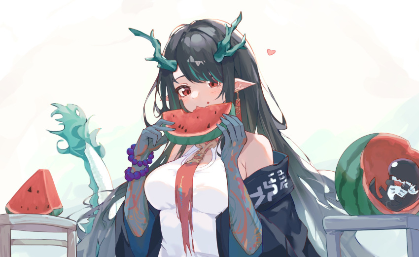1girl arknights arm_tattoo bare_shoulders bead_bracelet beads black_hair black_jacket blue_skin blush bracelet breasts character_request cleavage_cutout clothing_cutout colored_skin dragon_girl dragon_tail dress dusk_(arknights) earrings eating food food_on_face fruit green_hair heart highres horns jacket jewelry large_breasts lolifreak long_hair multicolored_hair multicolored_skin open_clothes open_jacket pointy_ears red_eyes simple_background streaked_hair tail tassel tassel_earrings tattoo upper_body very_long_hair watermelon watermelon_seeds watermelon_slice white_dress