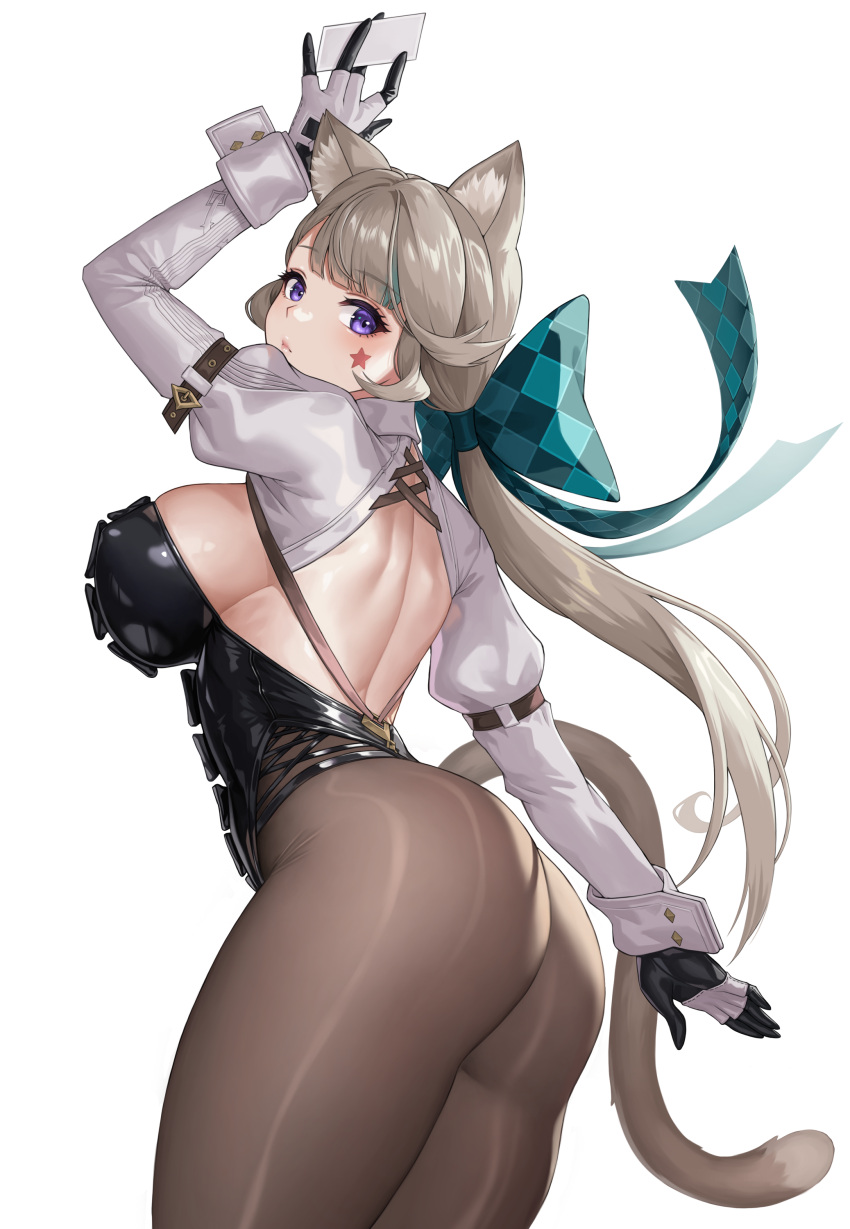 1girl absurdres alternate_breast_size animal_ear_fluff animal_ears ass ass_focus bow breasts card cat_ears cat_girl cat_tail closed_mouth facial_mark facial_tattoo genshin_impact gloves grey_hair highres huge_ass karmiel large_breasts long_hair long_sleeves looking_at_viewer looking_back lynette_(genshin_impact) pantyhose purple_eyes solo star_(symbol) star_facial_mark star_tattoo tail tattoo teardrop_facial_mark thick_thighs thighs two-tone_gloves