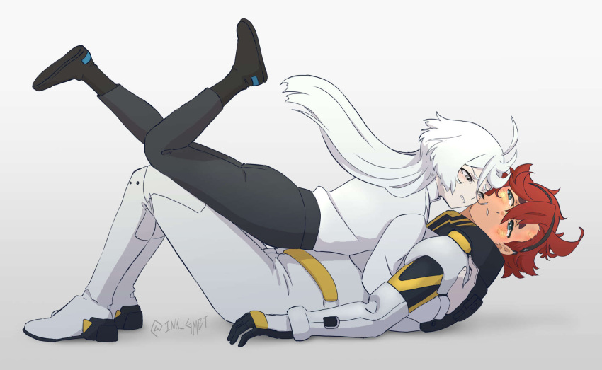 2girls ahoge black_footwear black_gloves black_pants blue_eyes commentary_request dark-skinned_female dark_skin draw_your_fav_ship_like_this_(meme) gloves gradient_background grey_background grey_hair gundam gundam_suisei_no_majo highres hug ink_gmbt long_hair meme miorine_rembran multiple_girls pants pilot_suit red_hair shirt spanish_commentary suletta_mercury tearing_up tears white_background white_hair white_shirt