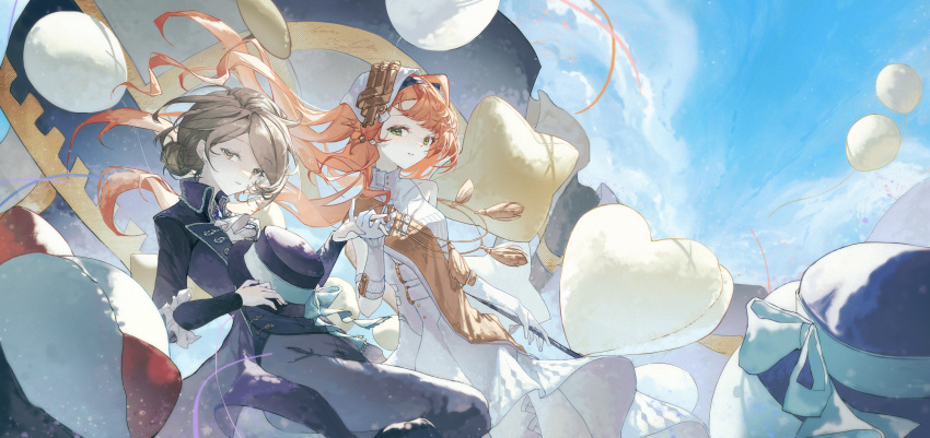 2girls ascot balloon banner bare_shoulders beret blue_bow blue_sky boater_hat bow cloud coat cowboy_shot day dress floating_hair gloves green_eyes grey_eyes grey_hair hair_bun hat hat_bow hat_on_chest heart_balloon highres holding holding_clothes holding_hands holding_hat long_hair looking_at_viewer multiple_girls orange_hair parted_lips purple_coat purple_headwear reverse:1999 sash short_hair shoulder_sash single_side_bun sky sleeveless sleeveless_dress sonetto_(parade_anthem)_(reverse:1999) sonetto_(reverse:1999) tassel too_many_balloons unworn_hat unworn_headwear vertin_(reverse:1999) white_ascot white_dress white_gloves white_headwear yang_lizi yellow_sash yuri