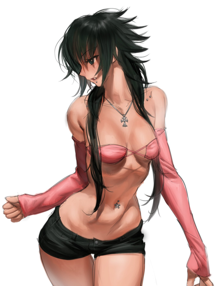 1girl bandeau black_hair blue_eyes breasts collarbone collarbone_piercing cross cross_earrings cross_necklace earrings fangs grey_pants highres jewelry long_hair looking_to_the_side lucy_(ryofu_x) medium_breasts navel_piercing necklace original pants parted_lips piercing pink_bandeau ryofu_x short_shorts shorts simple_background spiked_hair stomach thigh_gap vampire white_background winged_arms wings