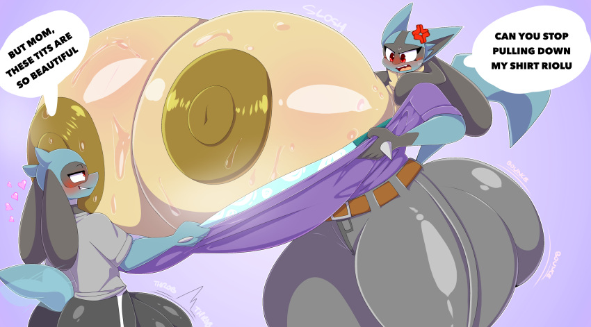absurd_res anthro balls big_breasts big_butt blue_body blue_fur blush bottomwear bra breasts butt canid canine canis clothed clothing digital_media_(artwork) domestic_dog duo erection female female/female fur generation_4_pokemon genitals hi_res huge_breasts huge_butt hyper lucario male male/female male/male mammal nintendo nipples open_mouth pants penis pokemon pokemon_(species) purple_clothing purple_shirt purple_topwear riolu shirt simple_background smile tail text thiccbuns tongue topwear underwear