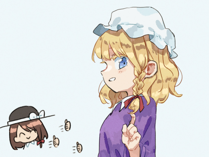 2girls alternate_hairstyle black_headwear blonde_hair blue_eyes braid brown_hair closed_eyes closed_mouth dress from_side grey_background hat long_sleeves maribel_hearn mob_cap multiple_girls nama_udon open_mouth profile purple_dress short_hair simple_background single_braid smile thumbs_up touhou usami_renko white_headwear