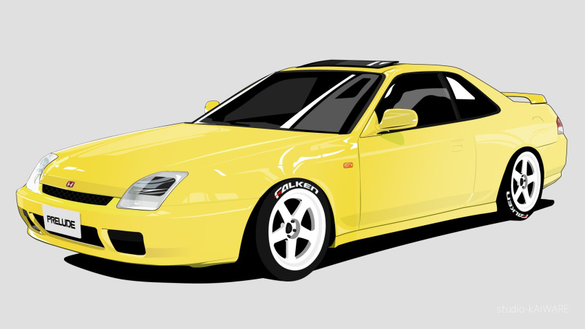 car english_text grey_background highres honda_prelude kaiware motor_vehicle no_humans original sports_car vehicle_focus yellow_car