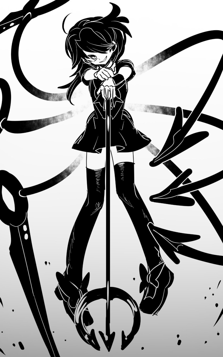 1girl ahoge asymmetrical_wings bow commentary dress floating footwear_bow full_body gradient_background greyscale grin hair_between_eyes hair_over_one_eye head_tilt highres holding holding_polearm holding_weapon houjuu_nue ichirugi long_bangs long_hair looking_at_viewer mary_janes monochrome polearm shoes short_dress short_sleeves smile solo thighhighs touhou trident weapon wings wristband zettai_ryouiki