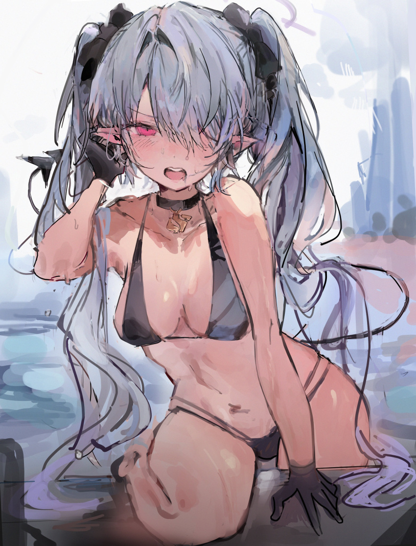 1girl absurdres bikini black_bikini black_choker black_gloves blue_archive blush breasts choker gloves grey_hair hair_between_eyes hair_over_one_eye halo highres iori_(blue_archive) iori_(swimsuit)_(blue_archive) korean_commentary long_hair looking_at_viewer medium_breasts navel official_alternate_costume open_mouth outdoors pink_eyes pointy_ears qqkkay solo stomach swimsuit tail teeth twintails upper_teeth_only very_long_hair water wet wet_hair