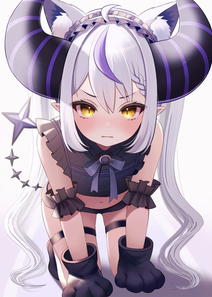 1girl ahoge all_fours animal_ear_fluff animal_ears animal_hands armband black_armband black_footwear black_shirt black_shorts blush bow bowtie braid braided_bangs cat_ears cat_paws closed_mouth commentary create8 crop_top demon_girl demon_horns dot_nose extra_ears fangs flat_chest frilled_armband frilled_shirt frills gloves grey_hair hair_between_eyes highres hololive horns la+_darknesss leaning_forward long_hair looking_at_viewer midriff multicolored_hair navel paw_gloves pointy_ears purple_bow purple_bowtie purple_hair purple_trim shirt shorts simple_background sleeveless sleeveless_shirt streaked_hair tail thigh_strap twintails two-tone_hair v-shaped_eyebrows very_long_hair virtual_youtuber white_background yellow_eyes
