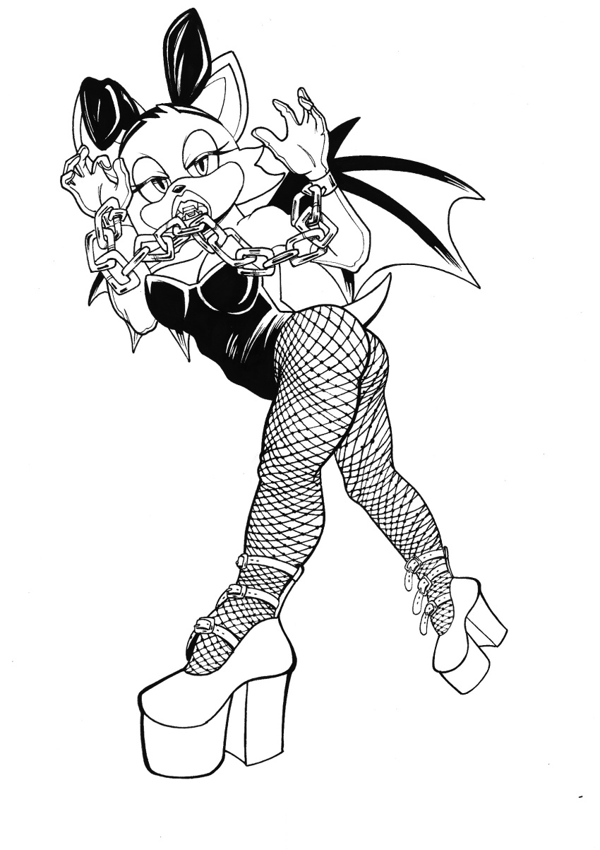 anthro autenticovadito bat bat_wings bite black_and_white chain clothing fake_ears fake_rabbit_ears fangs female fishnet_leggings footwear gloves handwear hi_res high_heels humanoid latex lips mammal marker_(artwork) membrane_(anatomy) membranous_wings mobian_bat monochrome playboy_bunny playboy_outfit rouge_the_bat rubber rubber_clothing rubber_suit sega slutty_clothing solo sonic_the_hedgehog_(series) teeth traditional_media_(artwork) wings