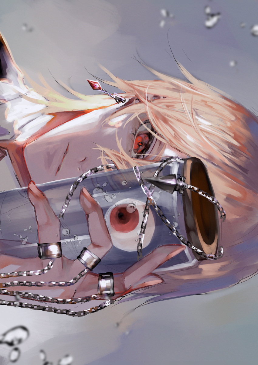 1boy absurdres blonde_hair blurry blurry_background chain closed_mouth crystal_earrings earrings eyeball haru_(yckd5728) highres holding holding_jar hunter_x_hunter jar jewelry kurapika looking_at_viewer male_focus multiple_rings red_eyes ring short_hair sideways solo