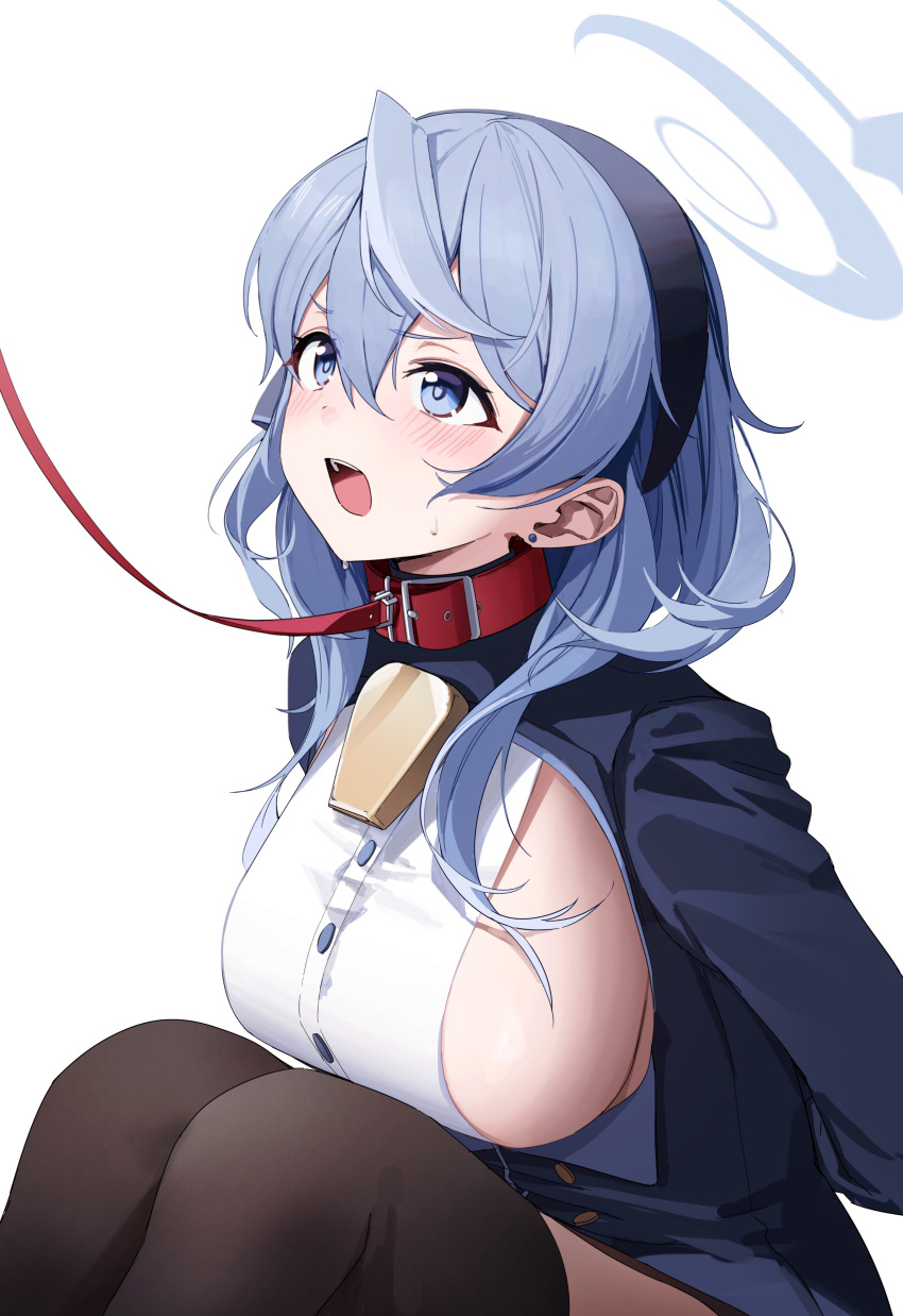 1girl absurdres ako_(blue_archive) animal_collar arms_behind_back bell black_thighhighs blue_archive blue_eyes blue_hair blue_hairband blue_jacket blush breasts collar commentary_request cowbell earrings hair_between_eyes hairband halo highres jacket jewelry knees_up large_breasts leash long_hair looking_up nagul neck_bell open_mouth red_collar shirt sideboob simple_background sitting solo stud_earrings sweatdrop teeth thighhighs upper_teeth_only white_background white_shirt