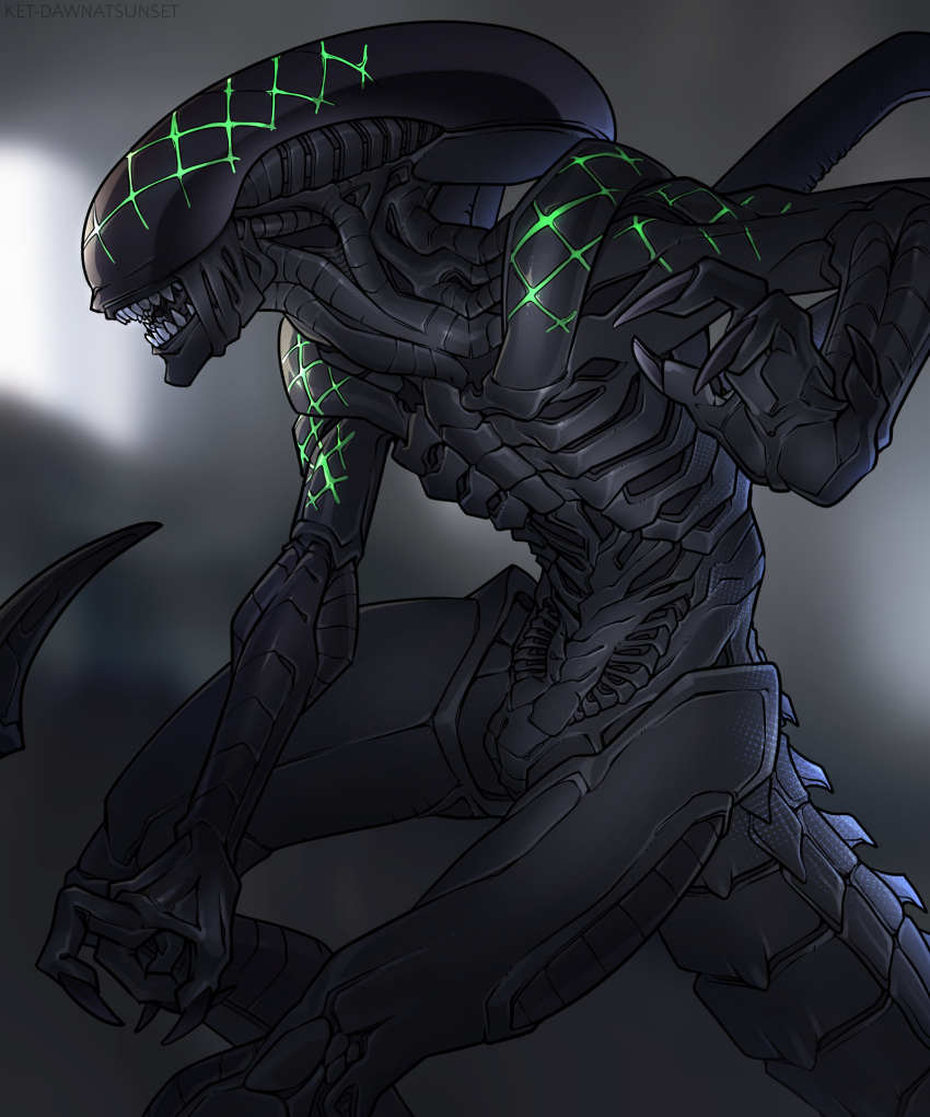 alien alien_(franchise) animal_genitalia black_body blade claws eyeless genital_slit genitals green_scar hi_res ket-dawnatsunset male monster nude open_mouth scar slit solo spiked_tail spikes spikes_(anatomy) standing tail tail_blade teeth thick_tail weapon_tail xenomorph