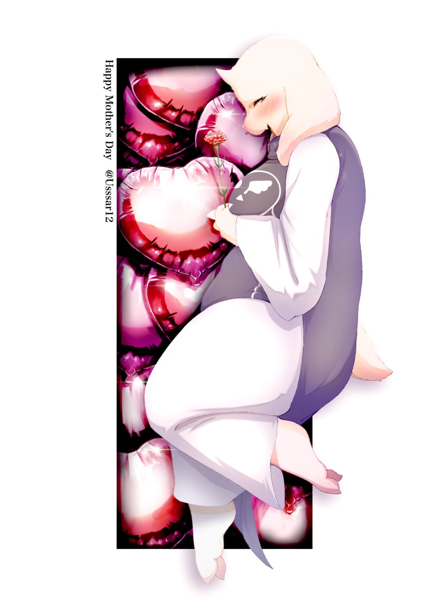 anthro artist_name balloon barefoot big_breasts blush boss_monster bovid breasts caprine clothed clothing feet female fingers floppy_ears flower fur hi_res holidays horn inflatable long_ears mammal mature_anthro mature_female mother's_day open_mouth plant robe rose_(flower) solo tail toes tongue toriel undertale undertale_(series) usssar12 white_body white_fur white_tail