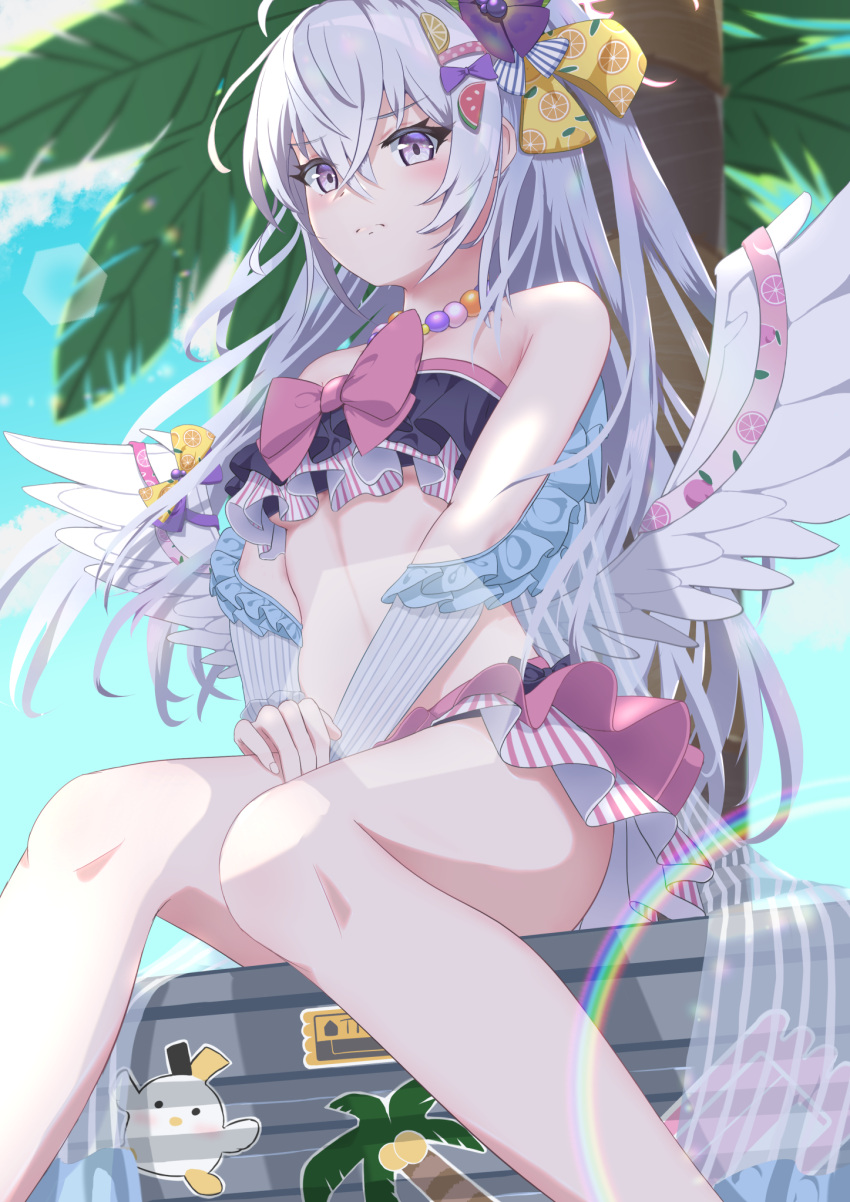 1girl angel_wings azusa_(blue_archive) azusa_(swimsuit)_(blue_archive) beads bikini bikini_skirt blue_archive blush feathered_wings flower food-themed_hair_ornament frilled_bikini frills hair_flower hair_ornament halo highres long_hair looking_at_viewer low_wings multicolored_bikini multicolored_clothes orange_hair_ornament palm_tree pink_ribbon purple_eyes purple_flower ribbon ribbon-trimmed_swimsuit ribbon_trim sitting solo strapless strapless_bikini swimsuit syimo tree watermelon_hair_ornament wedge_heels white_hair white_wings wing_bow wing_ornament wings