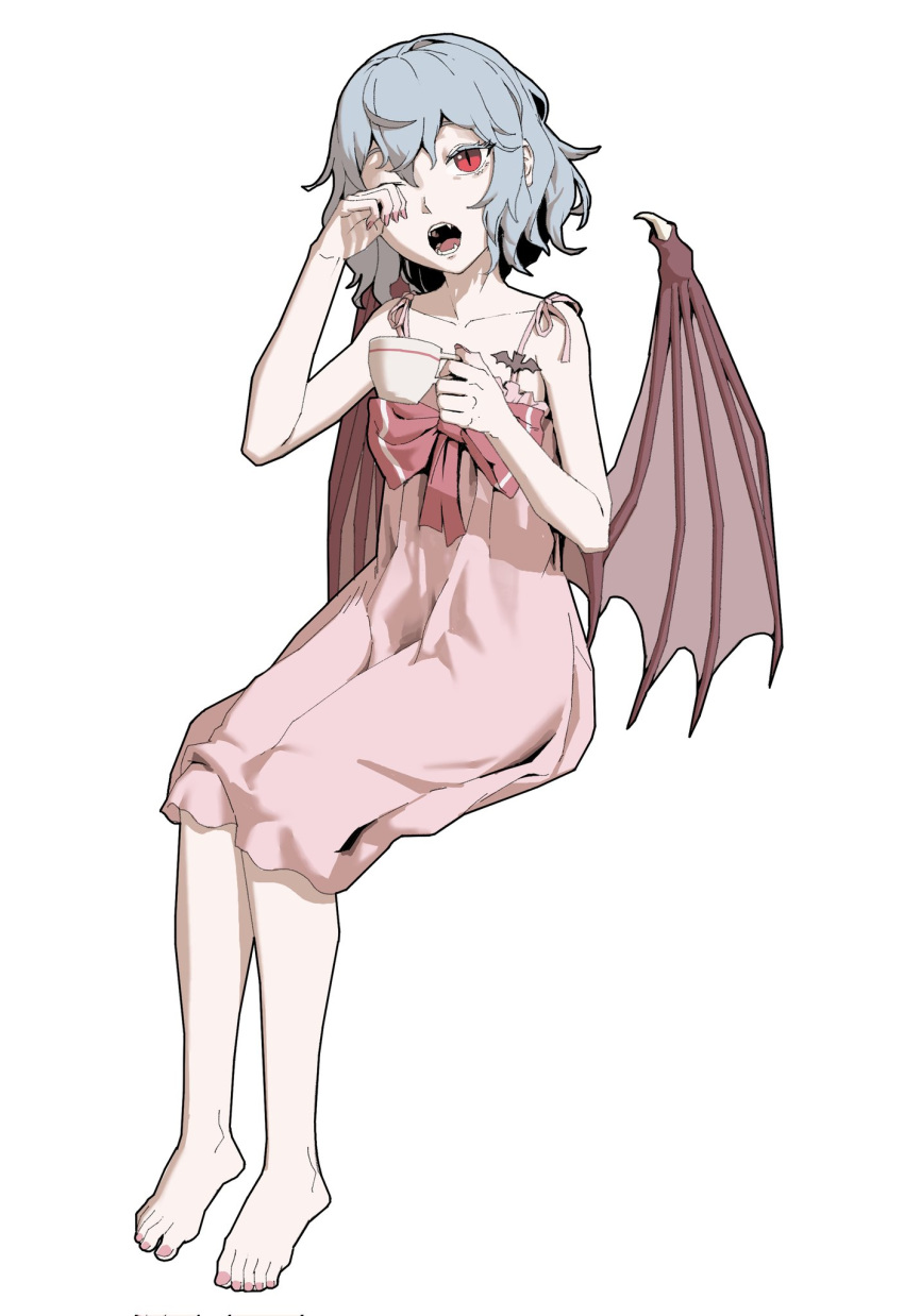 1girl barefoot blue_hair commentary_request cup fangs flat_chest full_body highres holding holding_cup invisible_chair medium_hair nightgown one_eye_closed open_mouth pink_nightgown red_eyes remilia_scarlet rubbing_eyes sitting slit_pupils solo teacup touhou youpofen