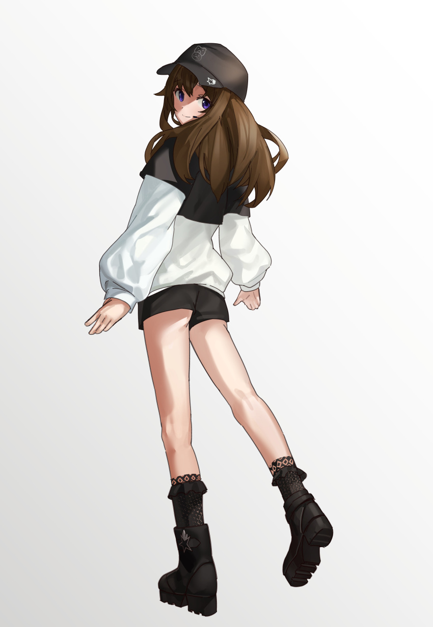 1girl absurdres baseball_cap black_choker black_headwear black_hoodie black_shorts boots brown_hair choker hat highres hololive hood hoodie keibi_inu official_alternate_costume purple_eyes shorts thighs tokino_sora tokino_sora_(6th_costume) two-tone_hoodie virtual_youtuber white_hoodie